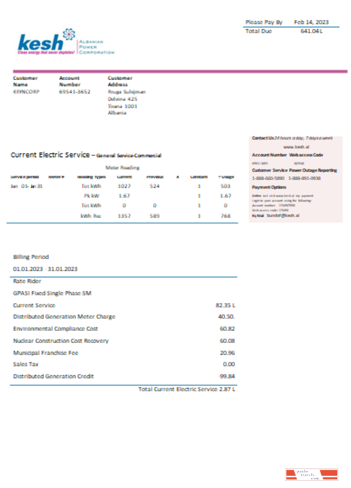 Albanian Power Corporation utility business bill, SCR PSD template